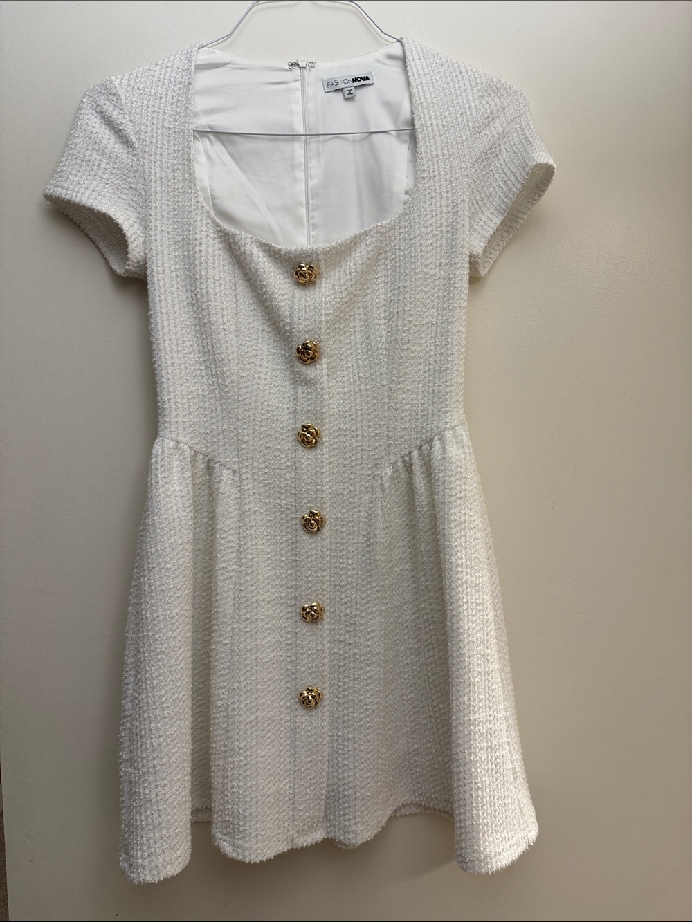 Textured White Mini Dress with Gold Button Detail